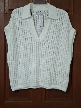LOFT Open Knit Cream Knit Collared Sweater Pullover Size Large